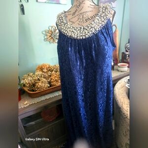 R&M Richards Peacock Blue Pearl Detail Evening Dress Sz 20W NWT
